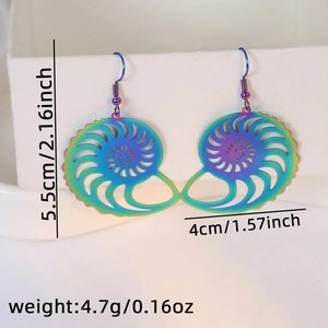 Detailed view of iridescent laser nautilus earrings with 5.5cm height and 4cm width measurements