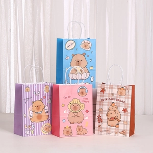 Cute Capybara kraft paper gift bags in pastel colors with white handles for party shopping
