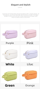 Detailed grid view of corduroy cosmetic bags in purple, pink, white, green and orange