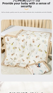 Detail of soft 6-layer cotton gauze baby blanket with cute cartoon chicken patterns