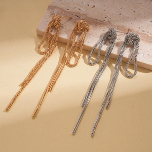 Retro knotted fringe tassel drop earrings in gold and silver metal knit design