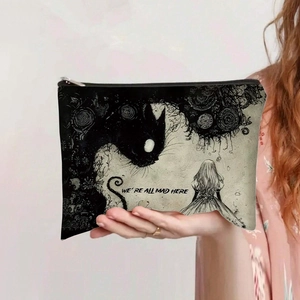 Macro detail of the gothic black cat illustration on the zipper canvas pencil case
