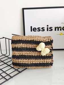 Women Striped Crochet Straw Clutch Bag Envelope Handbag With Flower Bow Decor Lightweight Casual Fashion Vacation Accessory