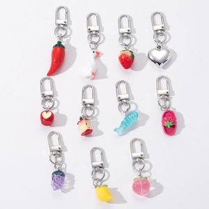 Simulated Fruit Animal Dice Resin Keychain Pendants With Zinc Alloy Clasp Cute Bag Charm For Women Kids