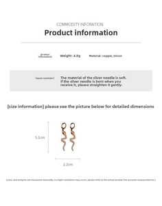 Detail showing 5.1cm gold plated snake drop earrings with cubic zirconia and dimensions
