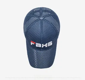 Close-up of breathable navy blue mesh baseball cap with red and white logo embroidery