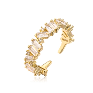 Luxurious gold-plated C-shaped open ring featuring rectangular zircon stones in 45-degree view