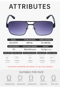 Detailed size chart for square frame sunglasses with metal frames and dimensions