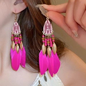 Bohemian dangle earrings with pink feathers, gold leaf charms and vintage beads