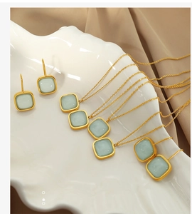 Close-up of elegant gold square earrings and necklace set with light blue jade stones