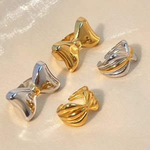 Bowknot Ring For Women 18K Gold Plated Stainless Steel Adjustable Open Wavy Cross Minimalist Bicolor Jewelry