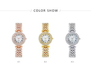 Three color display of women's quartz watches with Roman numerals and crystal bezel