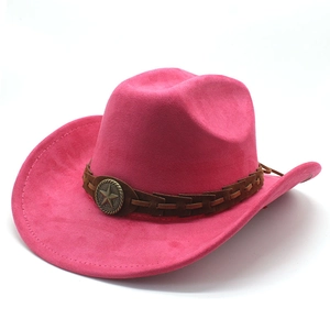 Detail of rose red suede cowboy hat with brown braided band and bronze star buckle