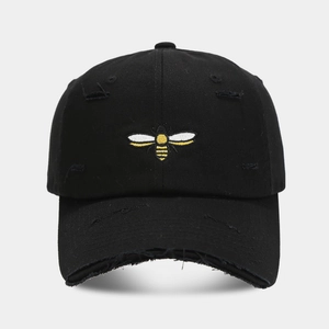 Distressed black cotton baseball cap with colorful bee embroidery for women and men