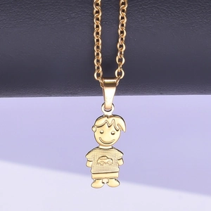 Polished 18k gold plated stainless steel boy charm pendant necklace detail view