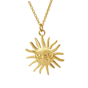Golden stainless steel sun face pendant necklace featuring detailed radiant sunray design