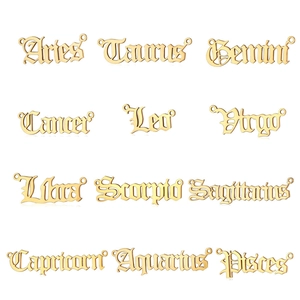 Set of twelve gold stainless steel zodiac letter pendants in Gothic font style