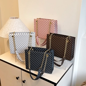 Women Retro Geometric Print PU Leather Shoulder Bag Large Capacity Tote Fashion Crossbody With Gold Chain Strap