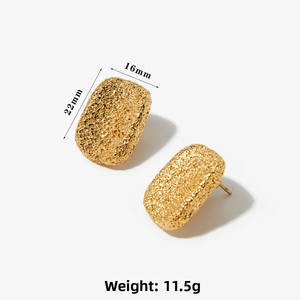 Detailed view of gold rectangle stud earrings with hammered texture and dimensions