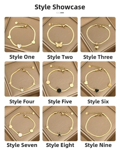 Detailed collection of golden snake chain bracelets with assorted vintage charms and pendants