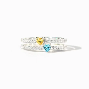 S925 sterling silver ring featuring double heart-shaped blue and yellow stones with pavé zircons