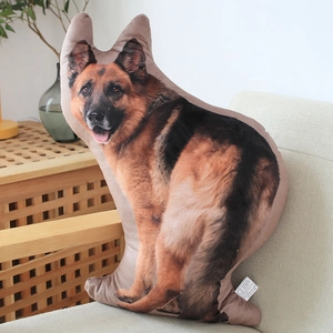 Detailed realistic 3D German Shepherd plush pillow on a cozy light wooden sofa