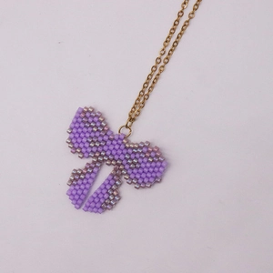 Handmade purple Miyuki bead bow necklace with elegant gold chain for women's fashion