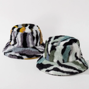 Winter Warm Faux Fur Bucket Hat For Women Vintage Tie-dyed Patchwork Plush Fisherman Cap Thickened Windproof Outdoor Casual Headwear