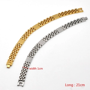 Detail view of 1cm wide stainless steel tank chain bracelet in gold and silver colors