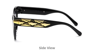Side view of retro oval sunglasses featuring wide temples with gold geometric metal accents