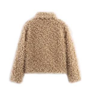Fashionable camel faux fur jacket for women featuring warm lamb wool texture and cozy design