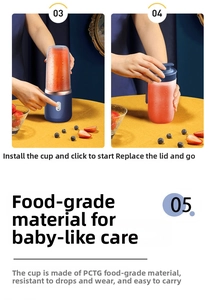 Detail view of portable juicer blender featuring PCTG food grade material and one-button start