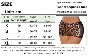 Size chart for leopard print sequin shorts with waist and hip measurements in cm