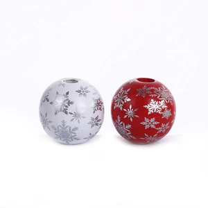 16mm Christmas wooden beads with snowflake prints in red and white for DIY crafts