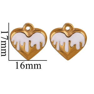 Detailed view of white heart pendants with gold frames measuring 16mm and 17mm