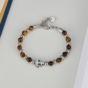 Men's Tiger Eye beaded bracelet with silver anchor pendant and stainless steel clasp