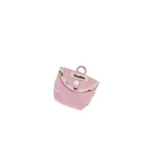 Pink fabric protective earphone case with floral trim and snap button closure