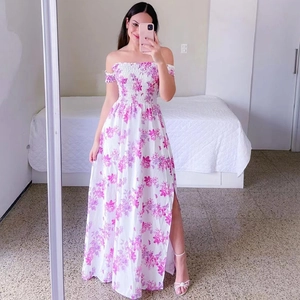 Floral off-shoulder maxi dress with high slit and elastic waist in white floral print