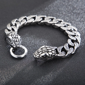 Vintage silver punk double snake head cuban chain bracelet for men in durable titanium steel