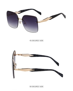 Dual view of oversized rimless sunglasses featuring purple gradient lenses and gold bridge