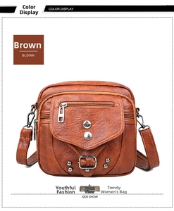 Vue de face d'un sac bandoulière marron vintage en similicuir avec plusieurs fermetures