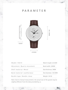 Spécifications de la montre à quartz YOLAKO avec bracelet en cuir brun et cadran blanc