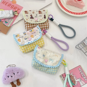 Quilted cartoon camera pouch set in plaid patterns with pom-pom trim and lanyards