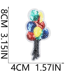 Detailed view of colorful sequin balloon embroidery patch with size measurements in inches