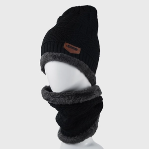Winter thermal knit beanie and neck warmer set with fleece lining in solid black