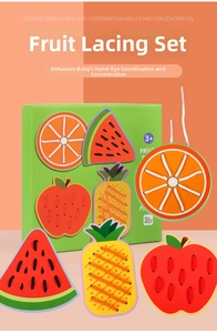Close-up of wooden fruit lacing toy set for improving children fine motor skills