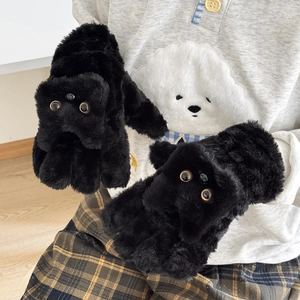 Detail of plush black cat flip gloves with 3D cute animal facial features and thick fur