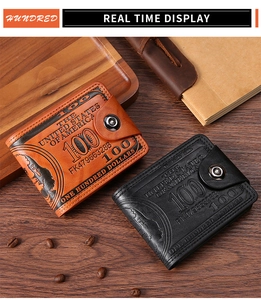 Detail of vintage dollar bill pattern on brown and black leather bi-fold wallets