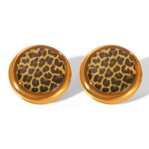 Detailed view of round leopard print earrings with a gold-tone metallic frame on white back