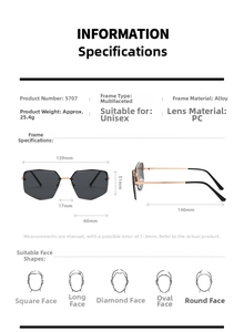 Detailed size chart for rimless polygon sunglasses with metal frame dimensions and specs